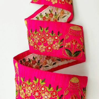 Pink Art Silk Trim With Floral Embroidery & Sequins, Red, Green And Gold Flower Embroidered Trim